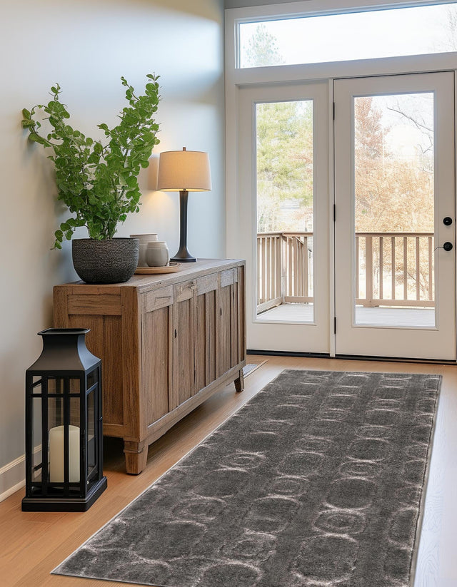 Gray and Silver 2' 7 x 12' Vogue Geo Runner Area Rug Geometric Glam Style Shiny Accents Carpet Mat for Unique Interior Design & Home Decor for Sale at Rug Engine