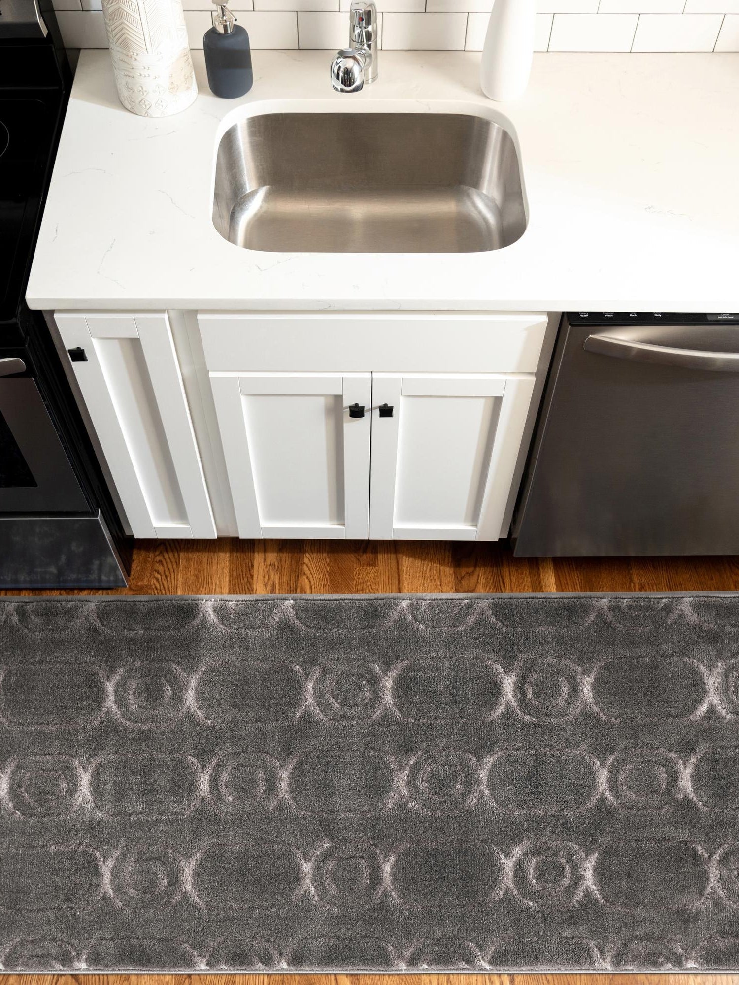 Gray and Silver 2' 7 x 12' Vogue Geo Runner Area Rug Geometric Glam Style Shiny Accents Carpet Mat for Unique Interior Design & Home Decor for Sale at Rug Engine