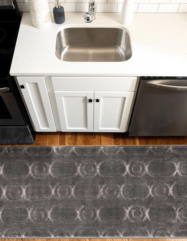 Gray and Silver 2' 7 x 12' Vogue Geo Runner Area Rug Geometric Glam Style Shiny Accents Carpet Mat for Unique Interior Design & Home Decor for Sale at Rug Engine