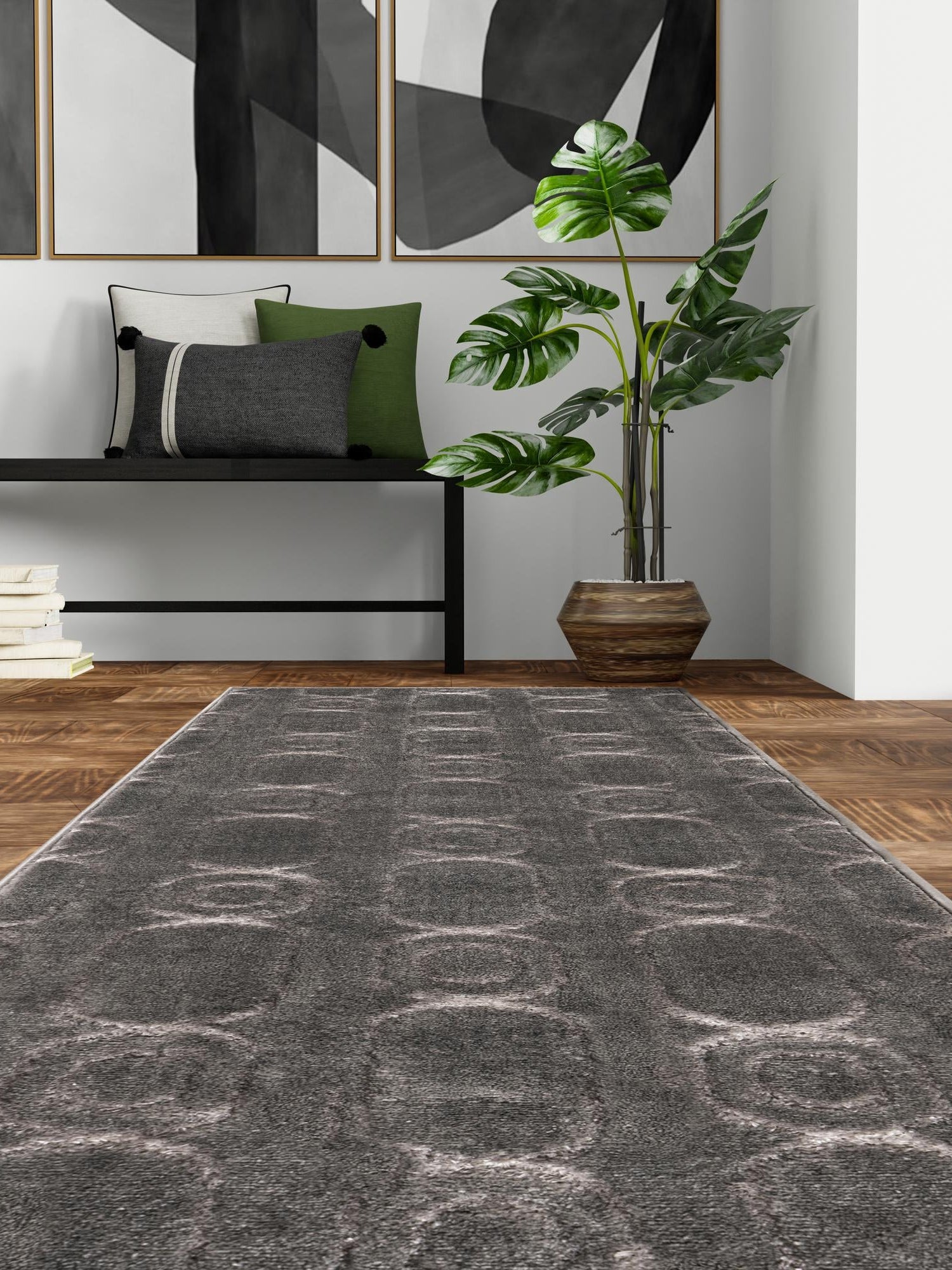 Gray and Silver 2' x 5' 1 Vogue Geo Runner Area Rug Geometric Glam Style Shiny Accents Carpet Mat for Unique Interior Design & Home Decor for Sale at Rug Engine