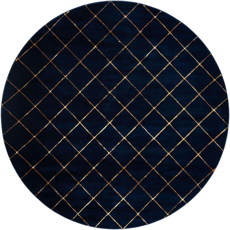 Navy Blue and Gold 10' x 10' Vogue Geo Round Area Rug Geometric Glam Style Shiny Accents Carpet Mat for Unique Interior Design & Home Decor for Sale at Rug Engine
