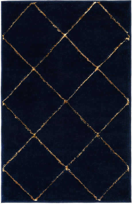 Navy Blue and Gold 2' x 3' 1 Vogue Geo Rectangle Area Rug Geometric Glam Style Shiny Accents Carpet Mat for Unique Interior Design & Home Decor for Sale at Rug Engine