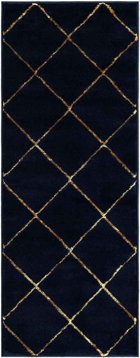 Navy Blue and Gold 2' x 5' 1 Vogue Geo Runner Area Rug Geometric Glam Style Shiny Accents Carpet Mat for Unique Interior Design & Home Decor for Sale at Rug Engine
