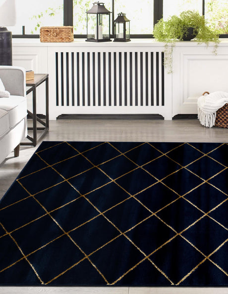 Navy Blue and Gold 9' x 12' Vogue Geo Rectangle Area Rug Geometric Glam Style Shiny Accents Carpet Mat for Unique Interior Design & Home Decor for Sale at Rug Engine