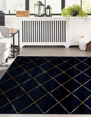 Navy Blue and Gold 7' 10 x 10' Vogue Geo Rectangle Area Rug Geometric Glam Style Shiny Accents Carpet Mat for Unique Interior Design & Home Decor for Sale at Rug Engine