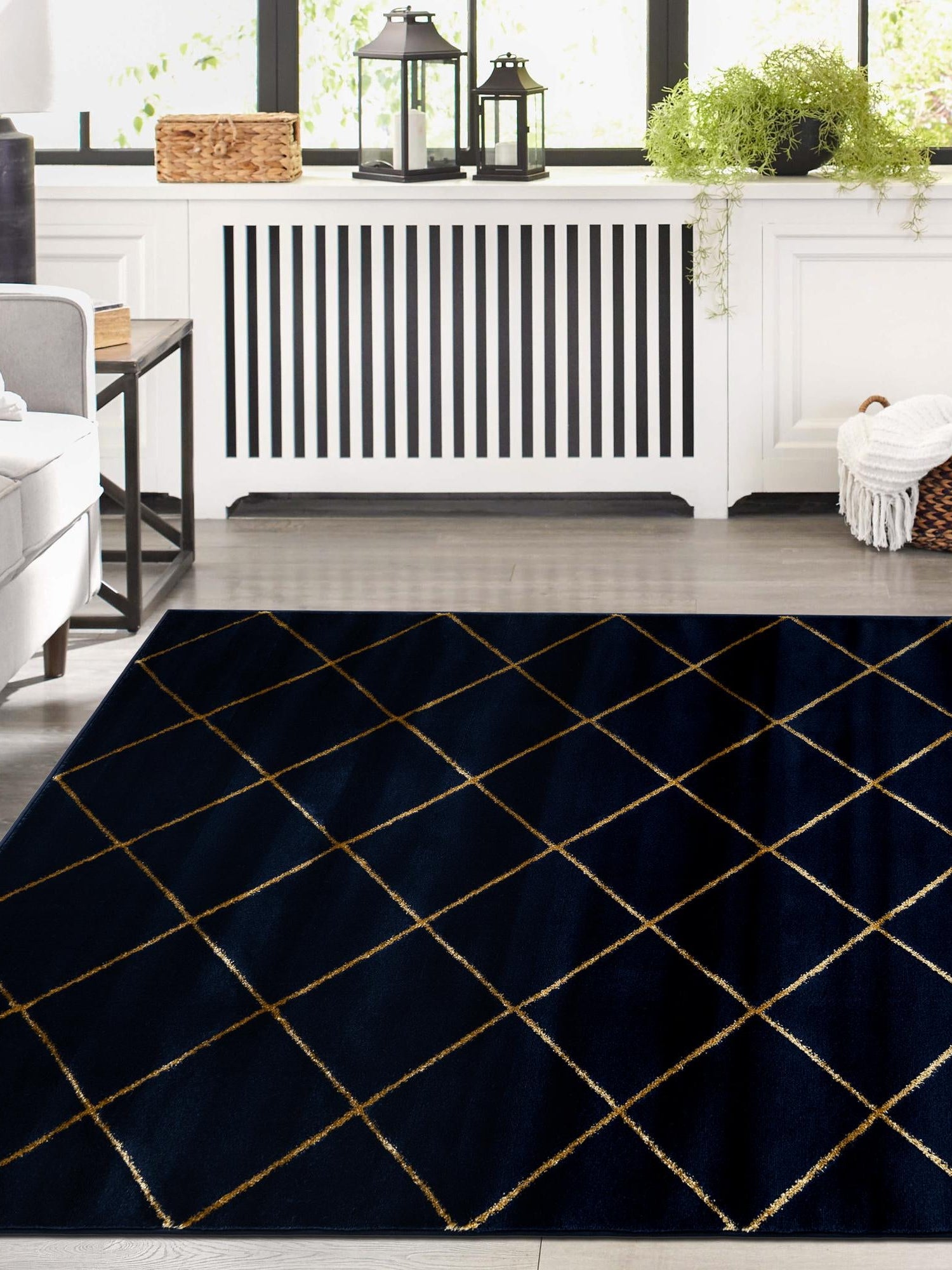Navy Blue and Gold 4' 1 x 6' 1 Vogue Geo Rectangle Area Rug Geometric Glam Style Shiny Accents Carpet Mat for Unique Interior Design & Home Decor for Sale at Rug Engine