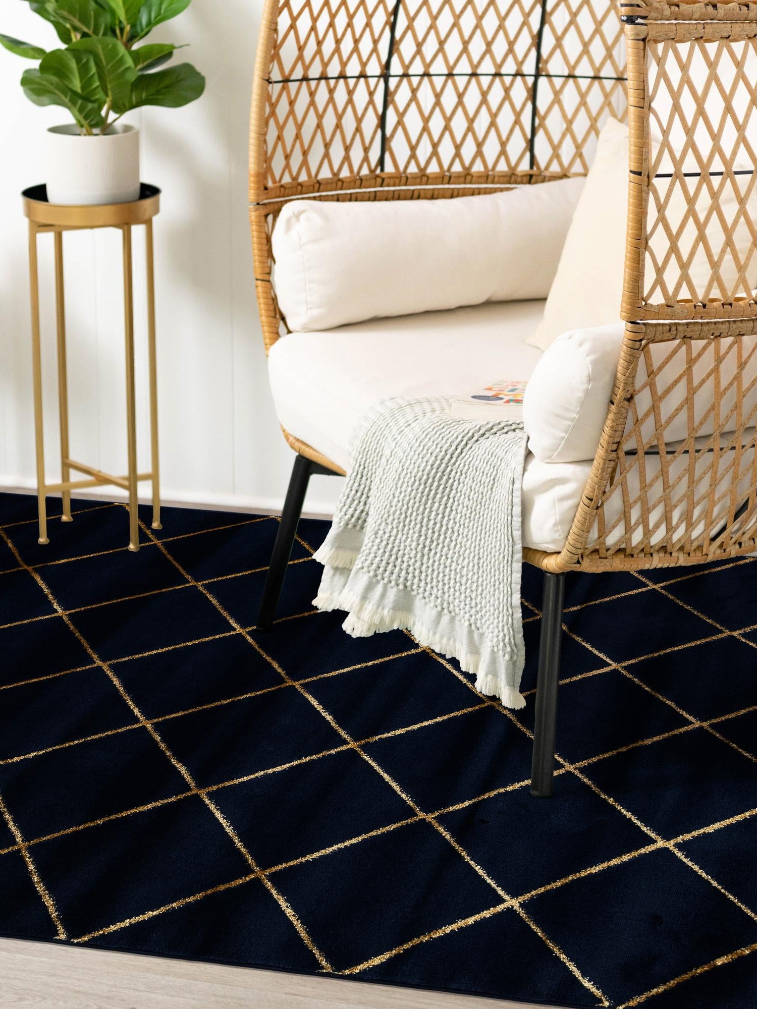 Navy Blue and Gold 6' 1 x 9' Vogue Geo Rectangle Area Rug Geometric Glam Style Shiny Accents Carpet Mat for Unique Interior Design & Home Decor for Sale at Rug Engine