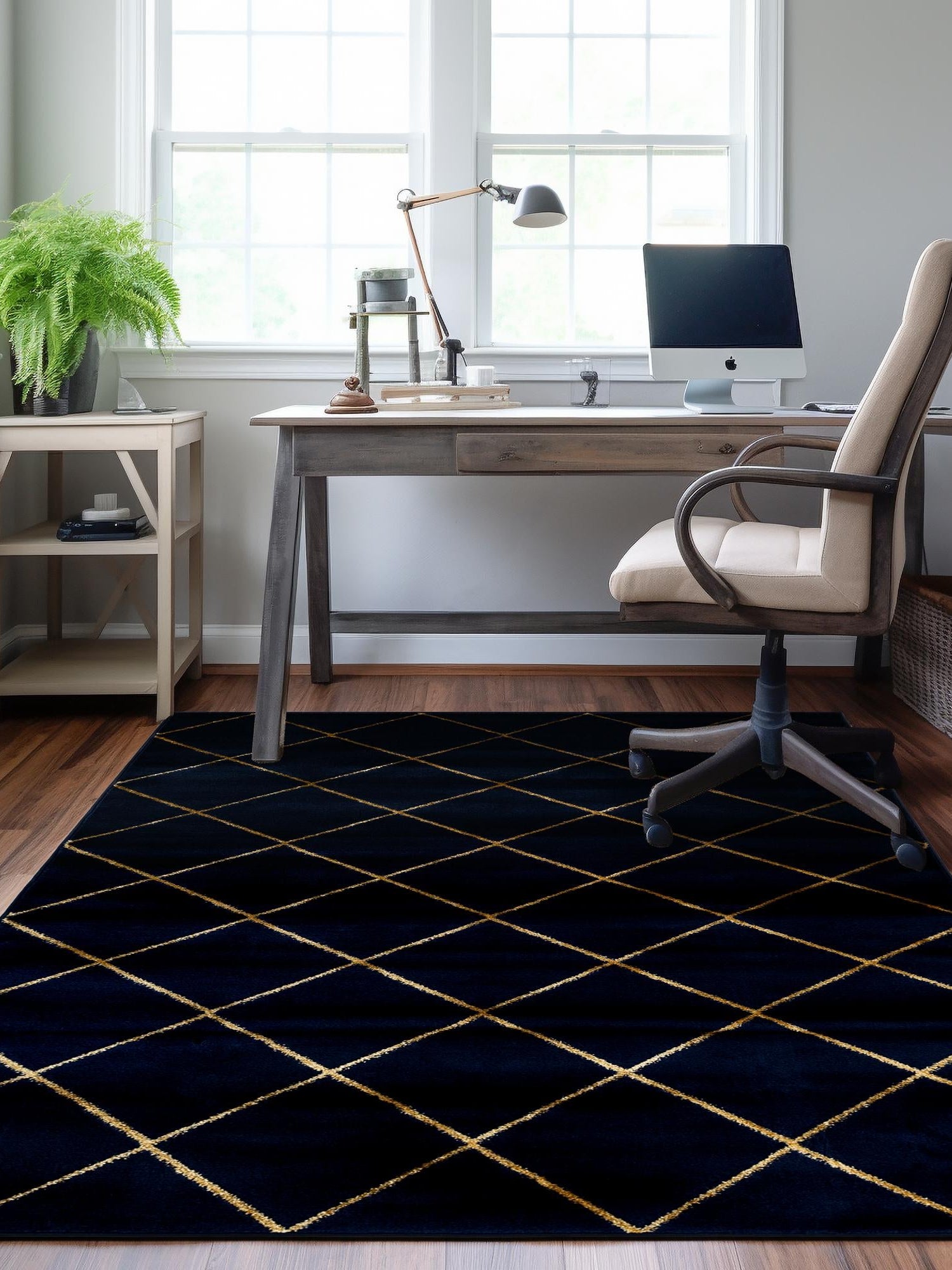 Navy Blue and Gold 9' x 12' Vogue Geo Rectangle Area Rug Geometric Glam Style Shiny Accents Carpet Mat for Unique Interior Design & Home Decor for Sale at Rug Engine