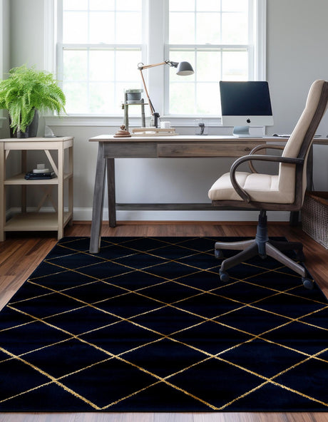 Navy Blue and Gold 4' 1 x 6' 1 Vogue Geo Rectangle Area Rug Geometric Glam Style Shiny Accents Carpet Mat for Unique Interior Design & Home Decor for Sale at Rug Engine