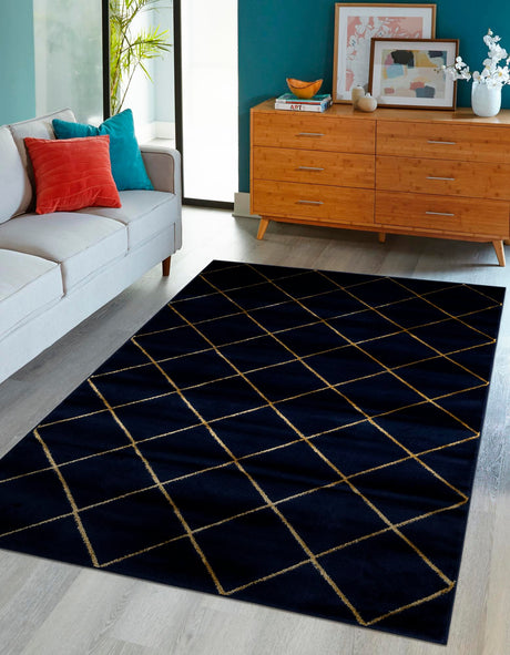 Navy Blue and Gold 7' 10 x 10' Vogue Geo Rectangle Area Rug Geometric Glam Style Shiny Accents Carpet Mat for Unique Interior Design & Home Decor for Sale at Rug Engine