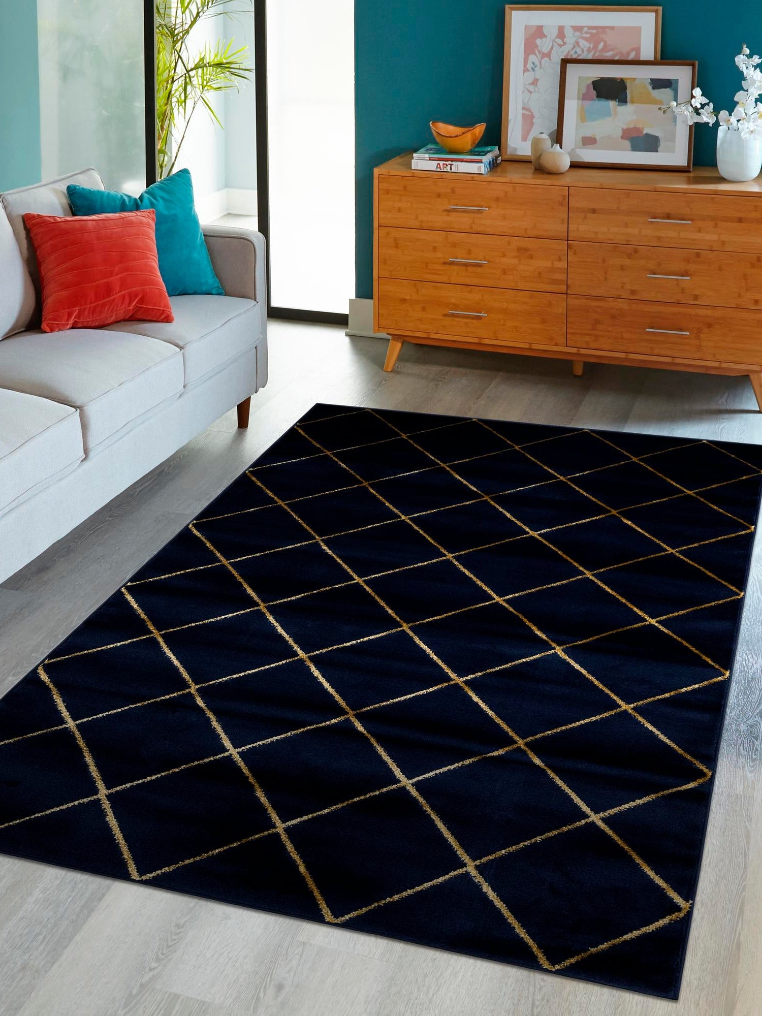 Navy Blue and Gold 6' 1 x 9' Vogue Geo Rectangle Area Rug Geometric Glam Style Shiny Accents Carpet Mat for Unique Interior Design & Home Decor for Sale at Rug Engine