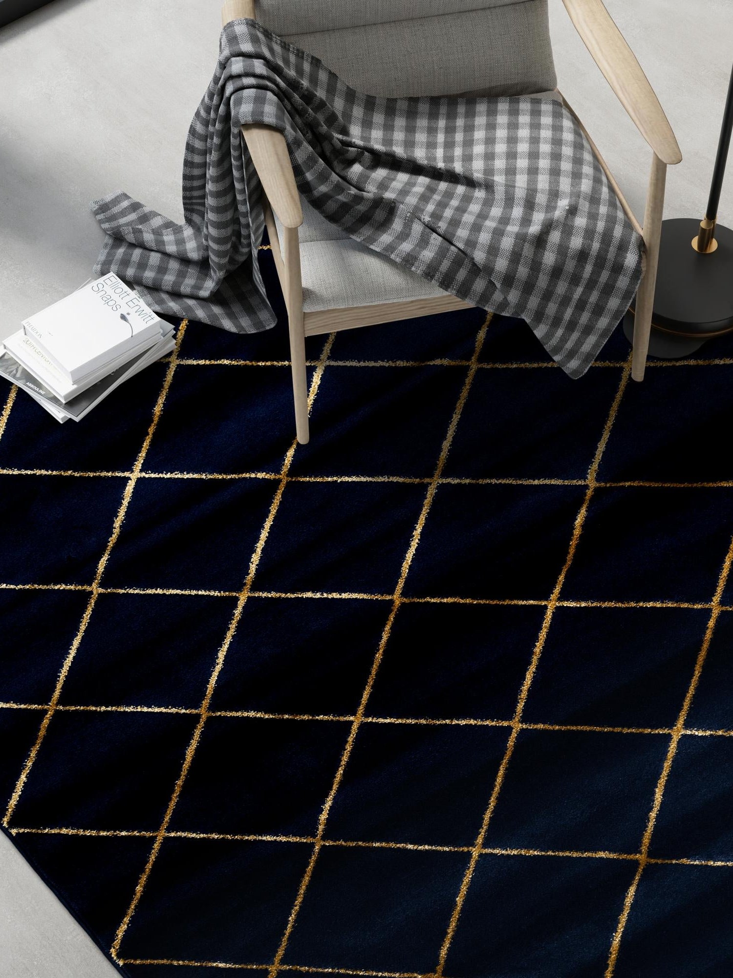 Navy Blue and Gold 6' 1 x 9' Vogue Geo Rectangle Area Rug Geometric Glam Style Shiny Accents Carpet Mat for Unique Interior Design & Home Decor for Sale at Rug Engine