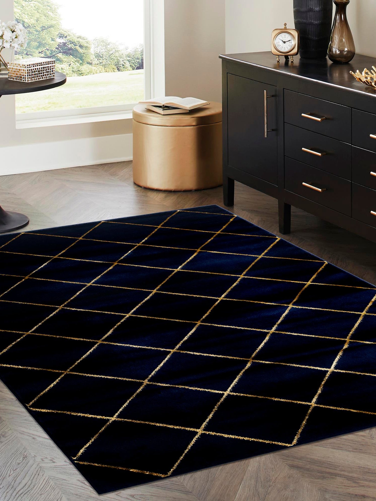 Navy Blue and Gold 4' 1 x 6' 1 Vogue Geo Rectangle Area Rug Geometric Glam Style Shiny Accents Carpet Mat for Unique Interior Design & Home Decor for Sale at Rug Engine