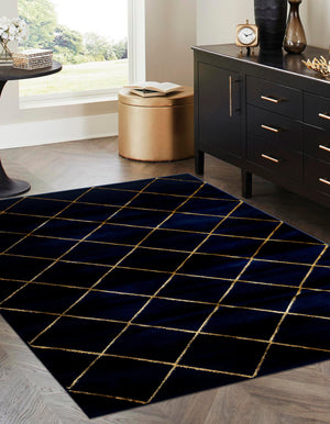 Navy Blue and Gold 6' 1 x 9' Vogue Geo Rectangle Area Rug Geometric Glam Style Shiny Accents Carpet Mat for Unique Interior Design & Home Decor for Sale at Rug Engine