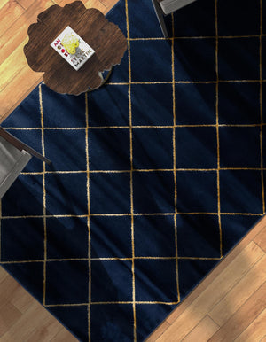 Navy Blue and Gold 2' x 3' 1 Vogue Geo Rectangle Area Rug Geometric Glam Style Shiny Accents Carpet Mat for Unique Interior Design & Home Decor for Sale at Rug Engine