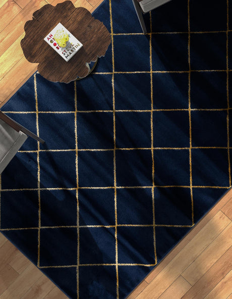Navy Blue and Gold 2' x 3' 1 Vogue Geo Rectangle Area Rug Geometric Glam Style Shiny Accents Carpet Mat for Unique Interior Design & Home Decor for Sale at Rug Engine