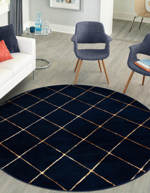 Navy Blue and Gold 3' 1 x 3' 1 Vogue Geo Round Area Rug Geometric Glam Style Shiny Accents Carpet Mat for Unique Interior Design & Home Decor for Sale at Rug Engine