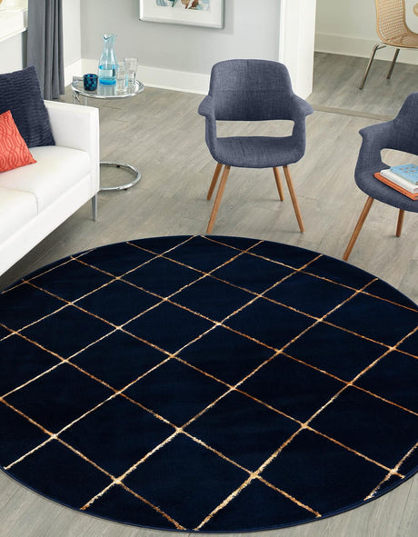 Navy Blue and Gold 3' 1 x 3' 1 Vogue Geo Round Area Rug Geometric Glam Style Shiny Accents Carpet Mat for Unique Interior Design & Home Decor for Sale at Rug Engine