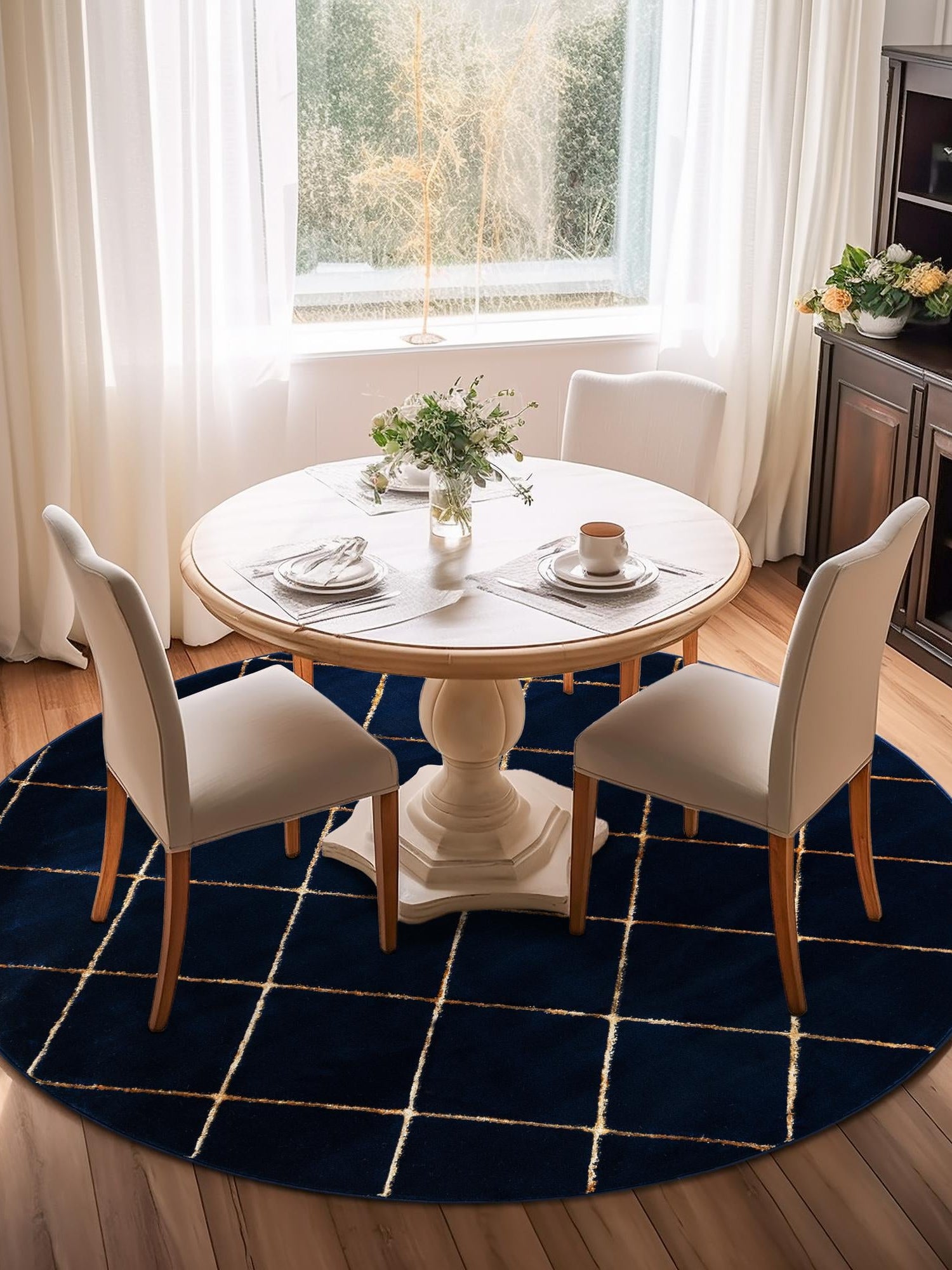 Navy Blue and Gold 3' 1 x 3' 1 Vogue Geo Round Area Rug Geometric Glam Style Shiny Accents Carpet Mat for Unique Interior Design & Home Decor for Sale at Rug Engine