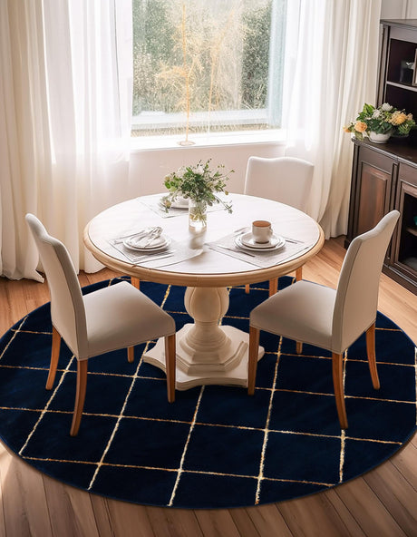 Navy Blue and Gold 3' 1 x 3' 1 Vogue Geo Round Area Rug Geometric Glam Style Shiny Accents Carpet Mat for Unique Interior Design & Home Decor for Sale at Rug Engine