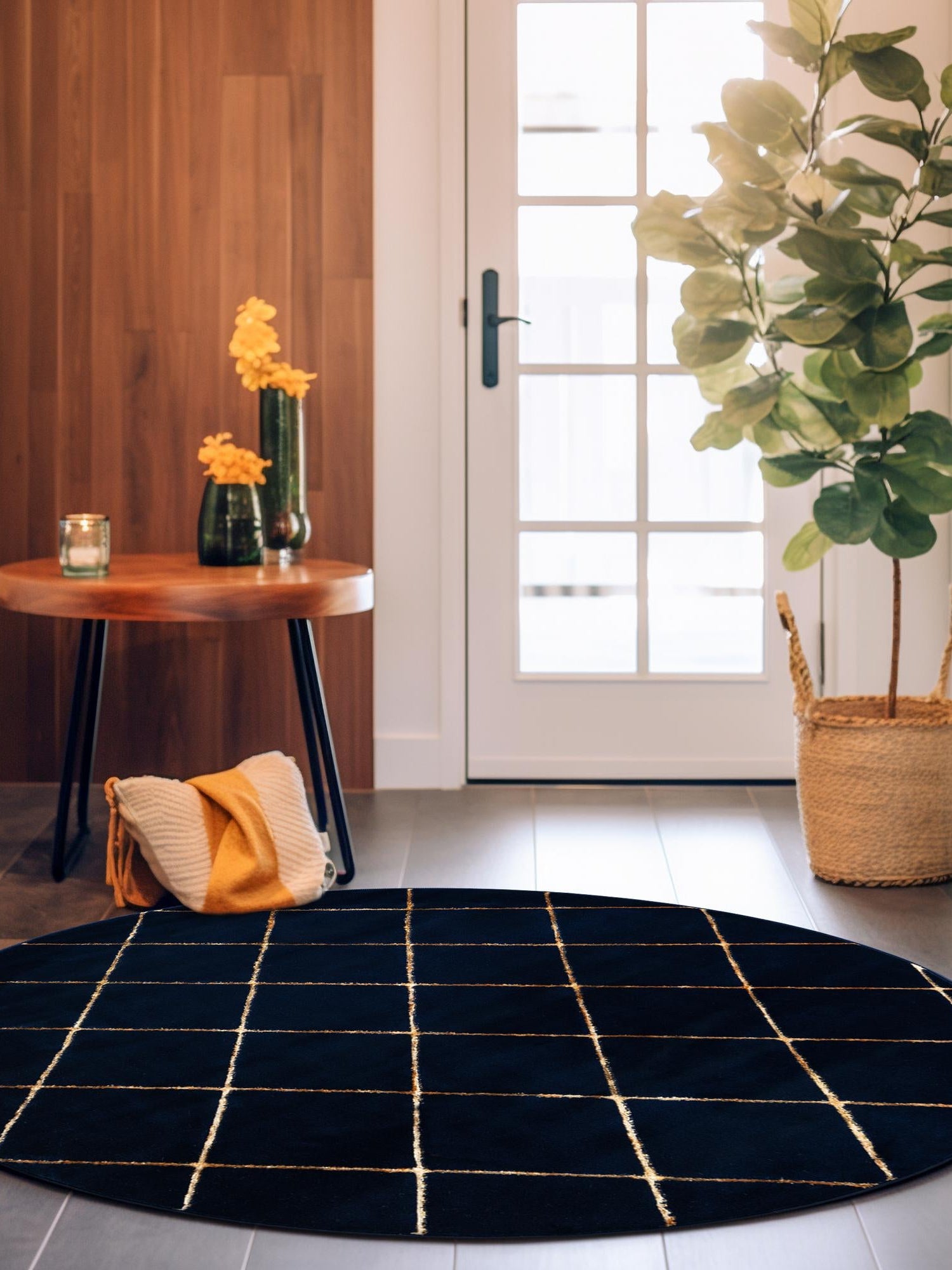Navy Blue and Gold 3' 1 x 3' 1 Vogue Geo Round Area Rug Geometric Glam Style Shiny Accents Carpet Mat for Unique Interior Design & Home Decor for Sale at Rug Engine