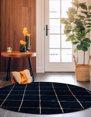 Navy Blue and Gold 3' 1 x 3' 1 Vogue Geo Round Area Rug Geometric Glam Style Shiny Accents Carpet Mat for Unique Interior Design & Home Decor for Sale at Rug Engine