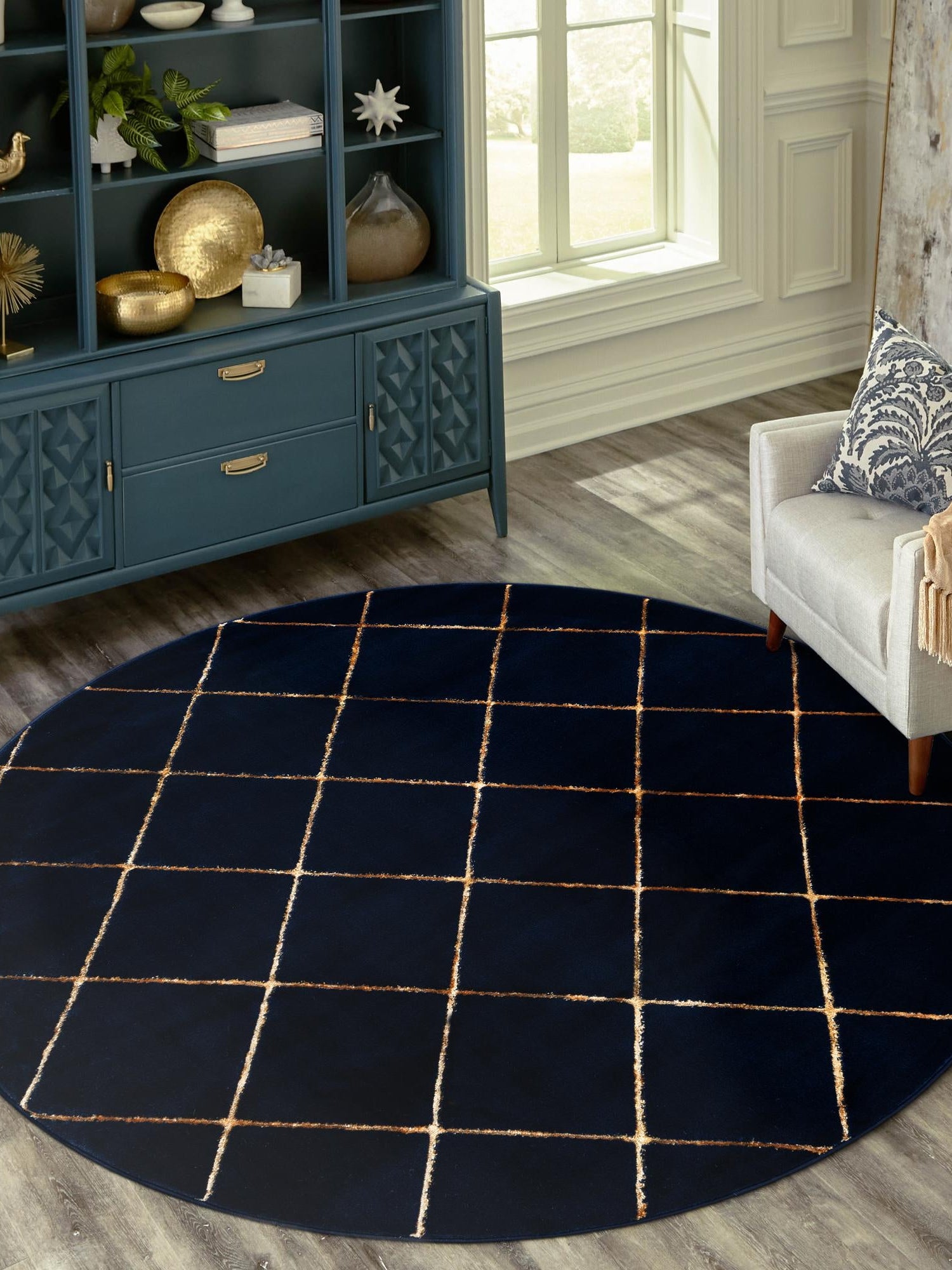 Navy Blue and Gold 3' 1 x 3' 1 Vogue Geo Round Area Rug Geometric Glam Style Shiny Accents Carpet Mat for Unique Interior Design & Home Decor for Sale at Rug Engine