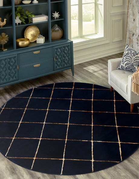 Navy Blue and Gold 3' 1 x 3' 1 Vogue Geo Round Area Rug Geometric Glam Style Shiny Accents Carpet Mat for Unique Interior Design & Home Decor for Sale at Rug Engine