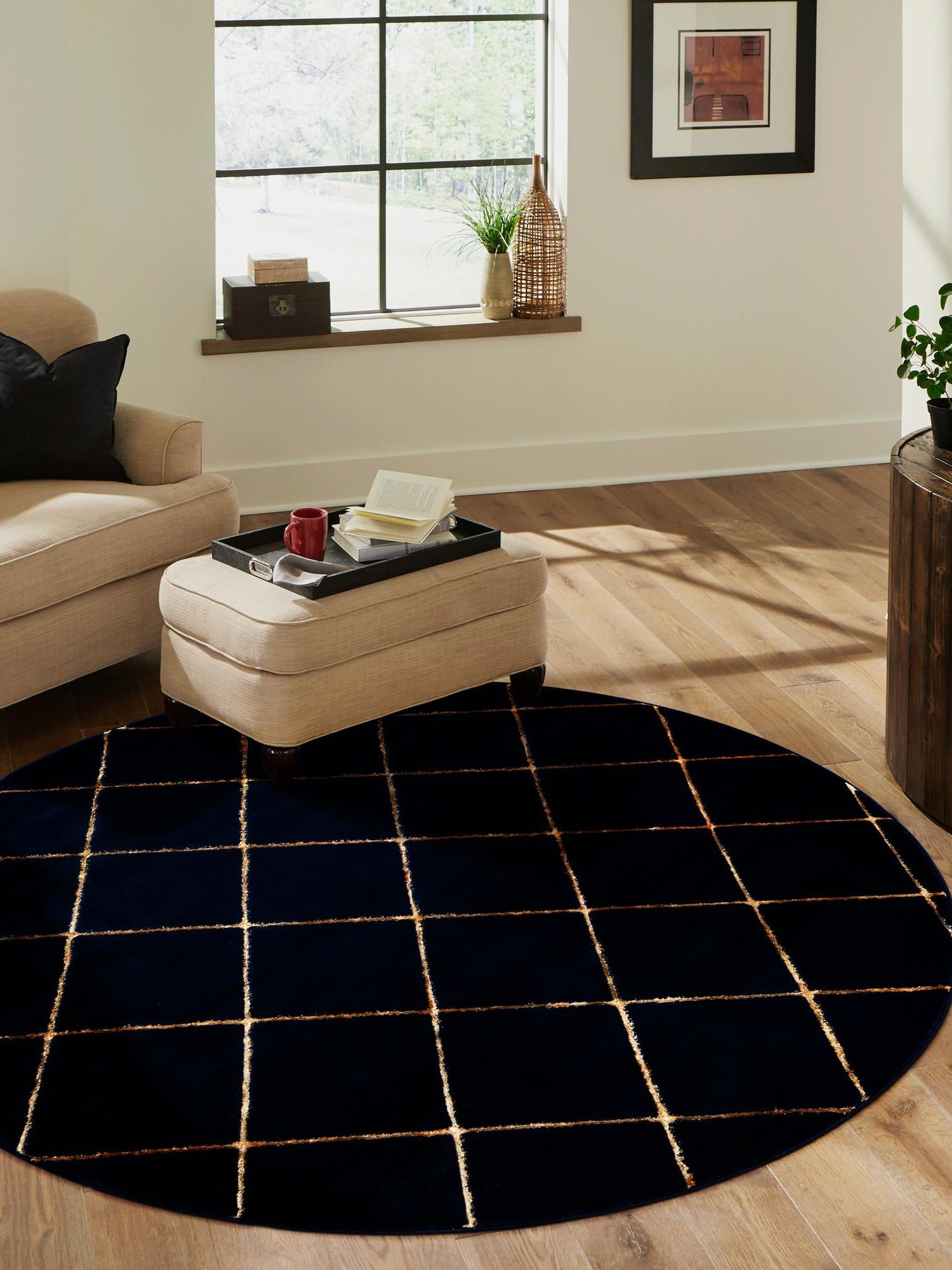 Navy Blue and Gold 3' 1 x 3' 1 Vogue Geo Round Area Rug Geometric Glam Style Shiny Accents Carpet Mat for Unique Interior Design & Home Decor for Sale at Rug Engine