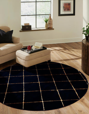 Navy Blue and Gold 3' 1 x 3' 1 Vogue Geo Round Area Rug Geometric Glam Style Shiny Accents Carpet Mat for Unique Interior Design & Home Decor for Sale at Rug Engine