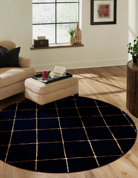 Navy Blue and Gold 3' 1 x 3' 1 Vogue Geo Round Area Rug Geometric Glam Style Shiny Accents Carpet Mat for Unique Interior Design & Home Decor for Sale at Rug Engine