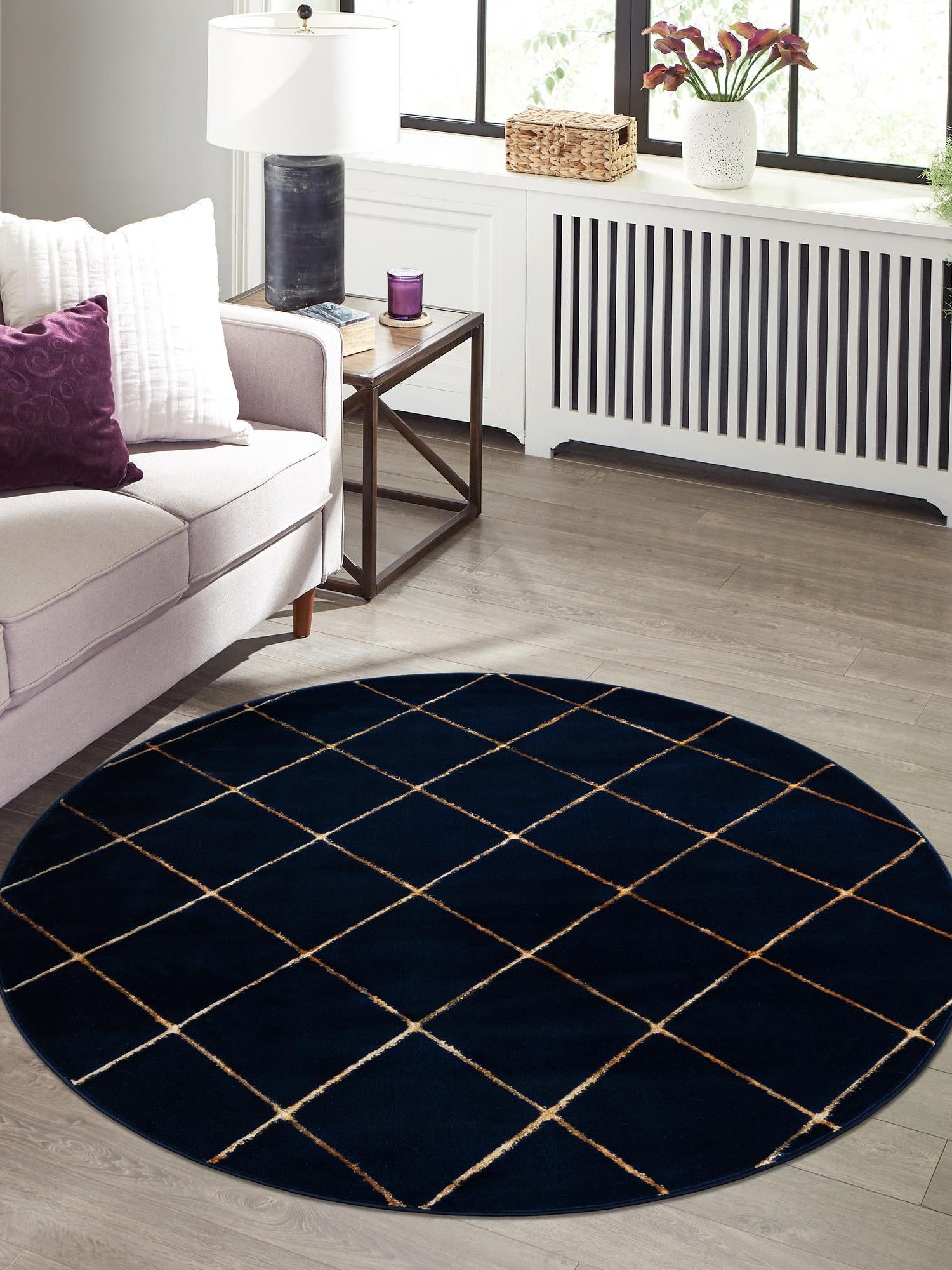 Navy Blue and Gold 3' 1 x 3' 1 Vogue Geo Round Area Rug Geometric Glam Style Shiny Accents Carpet Mat for Unique Interior Design & Home Decor for Sale at Rug Engine