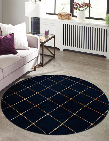 Navy Blue and Gold 3' 1 x 3' 1 Vogue Geo Round Area Rug Geometric Glam Style Shiny Accents Carpet Mat for Unique Interior Design & Home Decor for Sale at Rug Engine