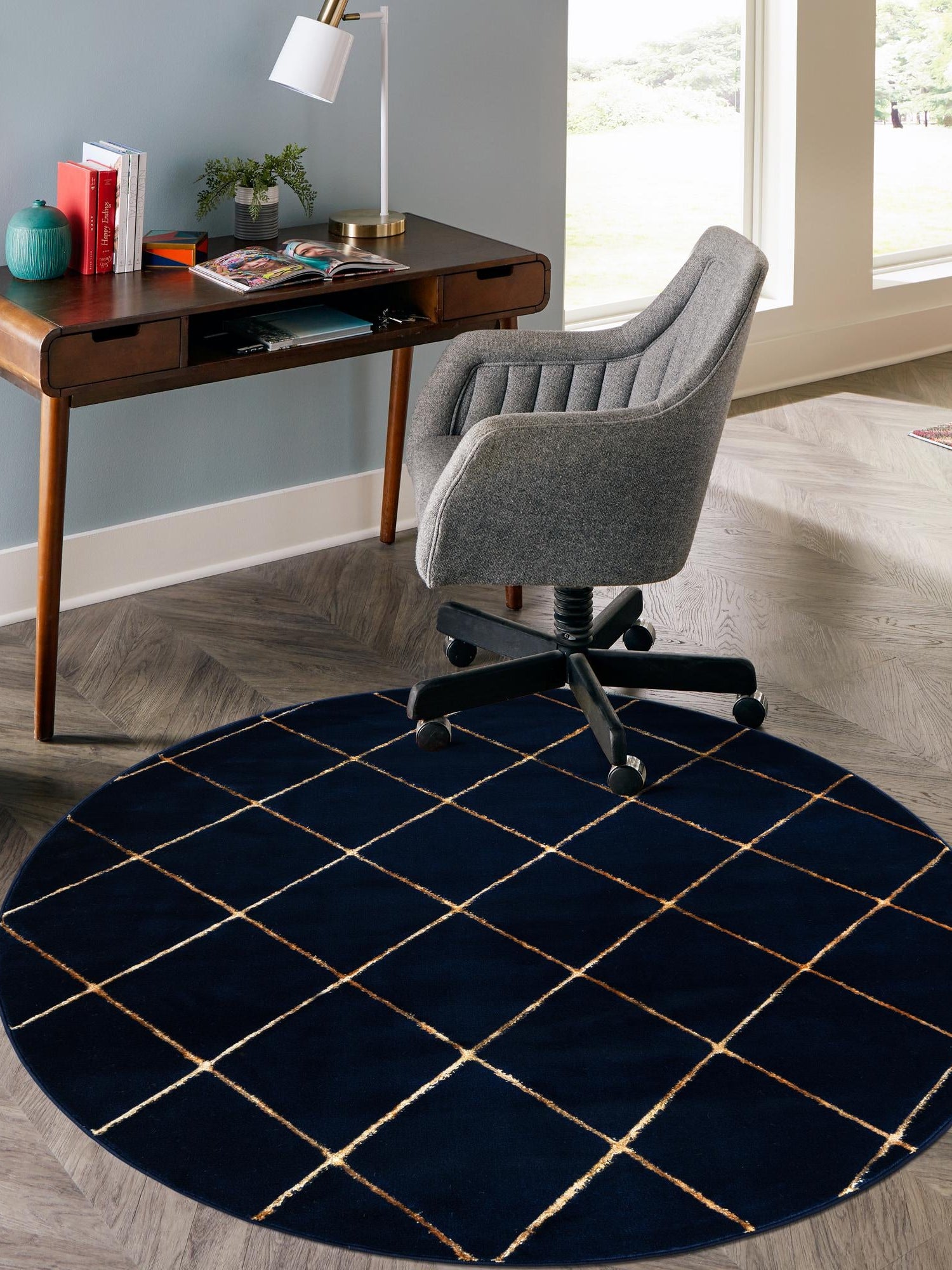 Navy Blue and Gold 3' 1 x 3' 1 Vogue Geo Round Area Rug Geometric Glam Style Shiny Accents Carpet Mat for Unique Interior Design & Home Decor for Sale at Rug Engine