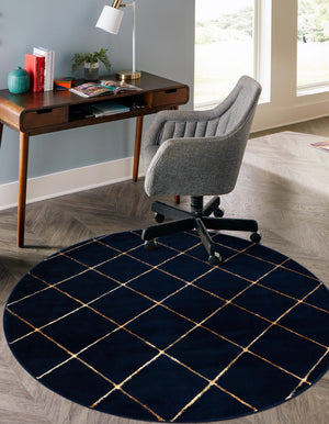 Navy Blue and Gold 3' 1 x 3' 1 Vogue Geo Round Area Rug Geometric Glam Style Shiny Accents Carpet Mat for Unique Interior Design & Home Decor for Sale at Rug Engine