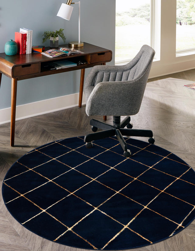 Navy Blue and Gold 3' 1 x 3' 1 Vogue Geo Round Area Rug Geometric Glam Style Shiny Accents Carpet Mat for Unique Interior Design & Home Decor for Sale at Rug Engine