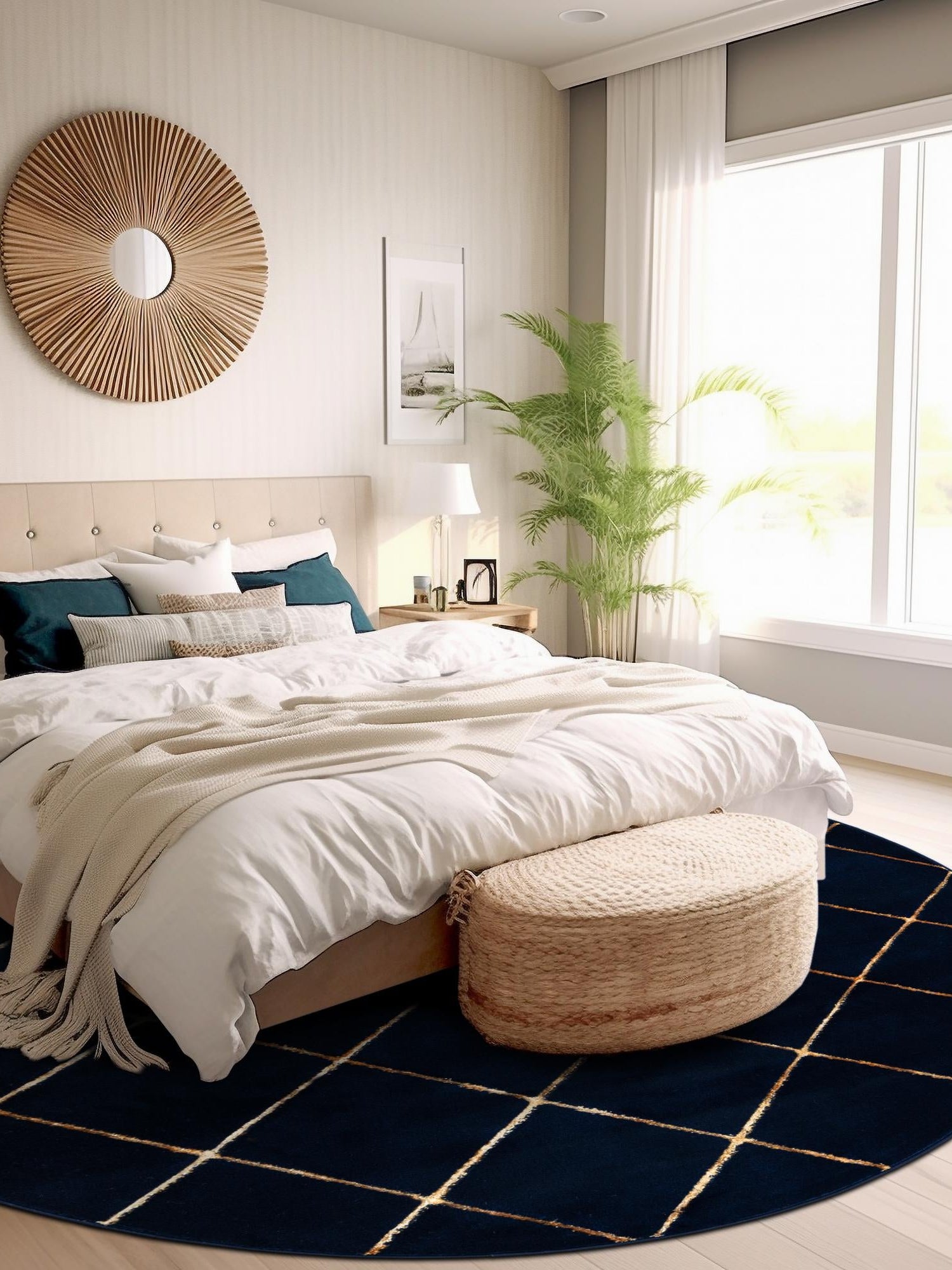 Navy Blue and Gold 10' x 10' Vogue Geo Round Area Rug Geometric Glam Style Shiny Accents Carpet Mat for Unique Interior Design & Home Decor for Sale at Rug Engine