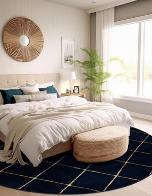 Navy Blue and Gold 10' x 10' Vogue Geo Round Area Rug Geometric Glam Style Shiny Accents Carpet Mat for Unique Interior Design & Home Decor for Sale at Rug Engine