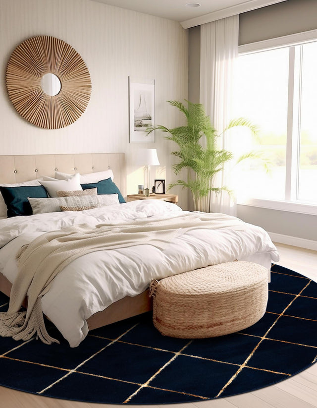 Navy Blue and Gold 10' x 10' Vogue Geo Round Area Rug Geometric Glam Style Shiny Accents Carpet Mat for Unique Interior Design & Home Decor for Sale at Rug Engine