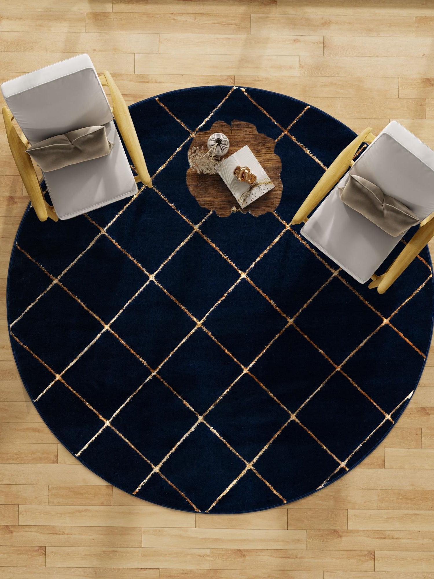 Navy Blue and Gold 10' x 10' Vogue Geo Round Area Rug Geometric Glam Style Shiny Accents Carpet Mat for Unique Interior Design & Home Decor for Sale at Rug Engine