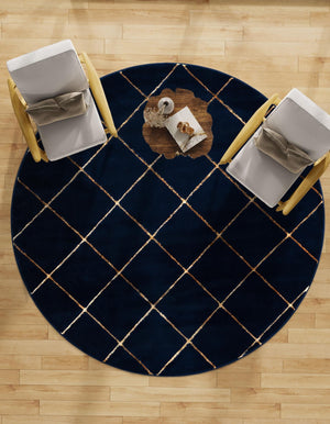Navy Blue and Gold 10' x 10' Vogue Geo Round Area Rug Geometric Glam Style Shiny Accents Carpet Mat for Unique Interior Design & Home Decor for Sale at Rug Engine