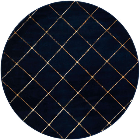 Navy Blue and Gold 6' 1 x 6' 1 Vogue Geo Round Area Rug Geometric Glam Style Shiny Accents Carpet Mat for Unique Interior Design & Home Decor for Sale at Rug Engine