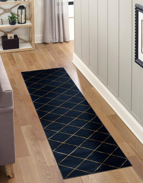 Navy Blue and Gold 2' x 5' 1 Vogue Geo Runner Area Rug Geometric Glam Style Shiny Accents Carpet Mat for Unique Interior Design & Home Decor for Sale at Rug Engine