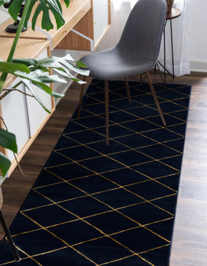 Navy Blue and Gold 2' x 6' 1 Vogue Geo Runner Area Rug Geometric Glam Style Shiny Accents Carpet Mat for Unique Interior Design & Home Decor for Sale at Rug Engine