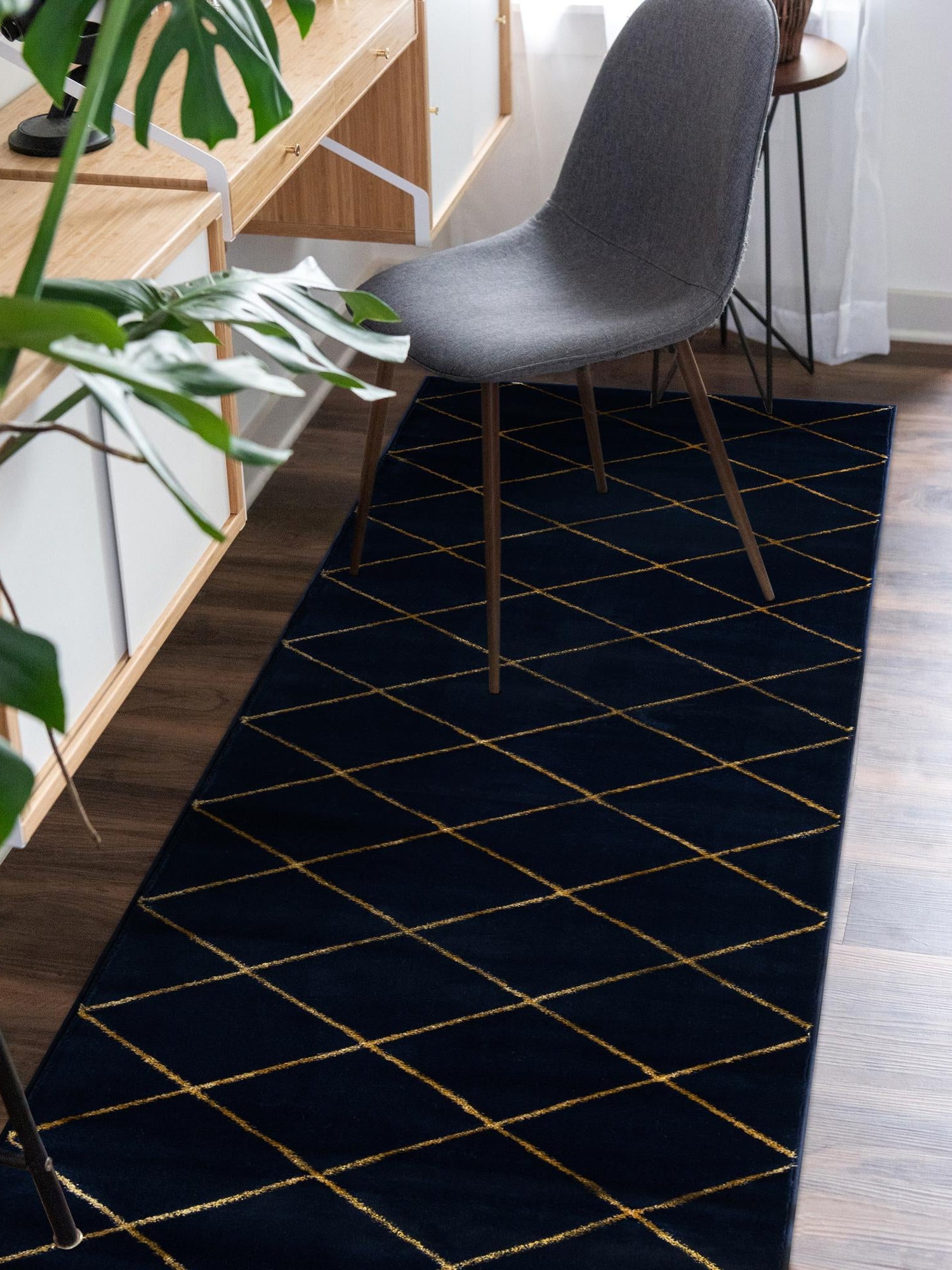 Navy Blue and Gold 2' x 8' Vogue Geo Runner Area Rug Geometric Glam Style Shiny Accents Carpet Mat for Unique Interior Design & Home Decor for Sale at Rug Engine
