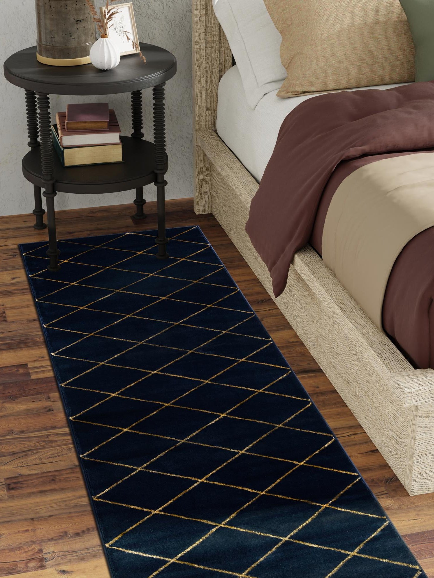 Navy Blue and Gold 2' x 6' 1 Vogue Geo Runner Area Rug Geometric Glam Style Shiny Accents Carpet Mat for Unique Interior Design & Home Decor for Sale at Rug Engine