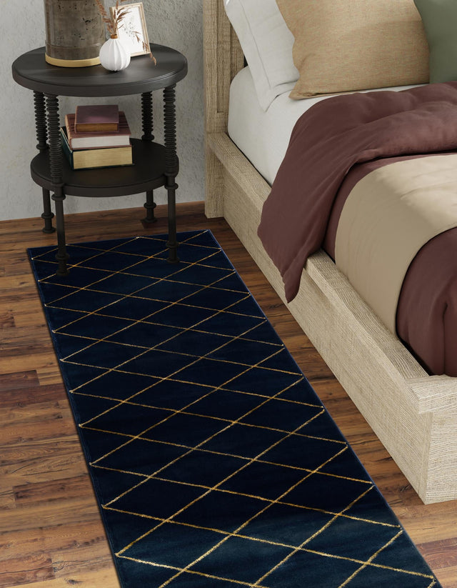 Navy Blue and Gold 2' x 6' 1 Vogue Geo Runner Area Rug Geometric Glam Style Shiny Accents Carpet Mat for Unique Interior Design & Home Decor for Sale at Rug Engine