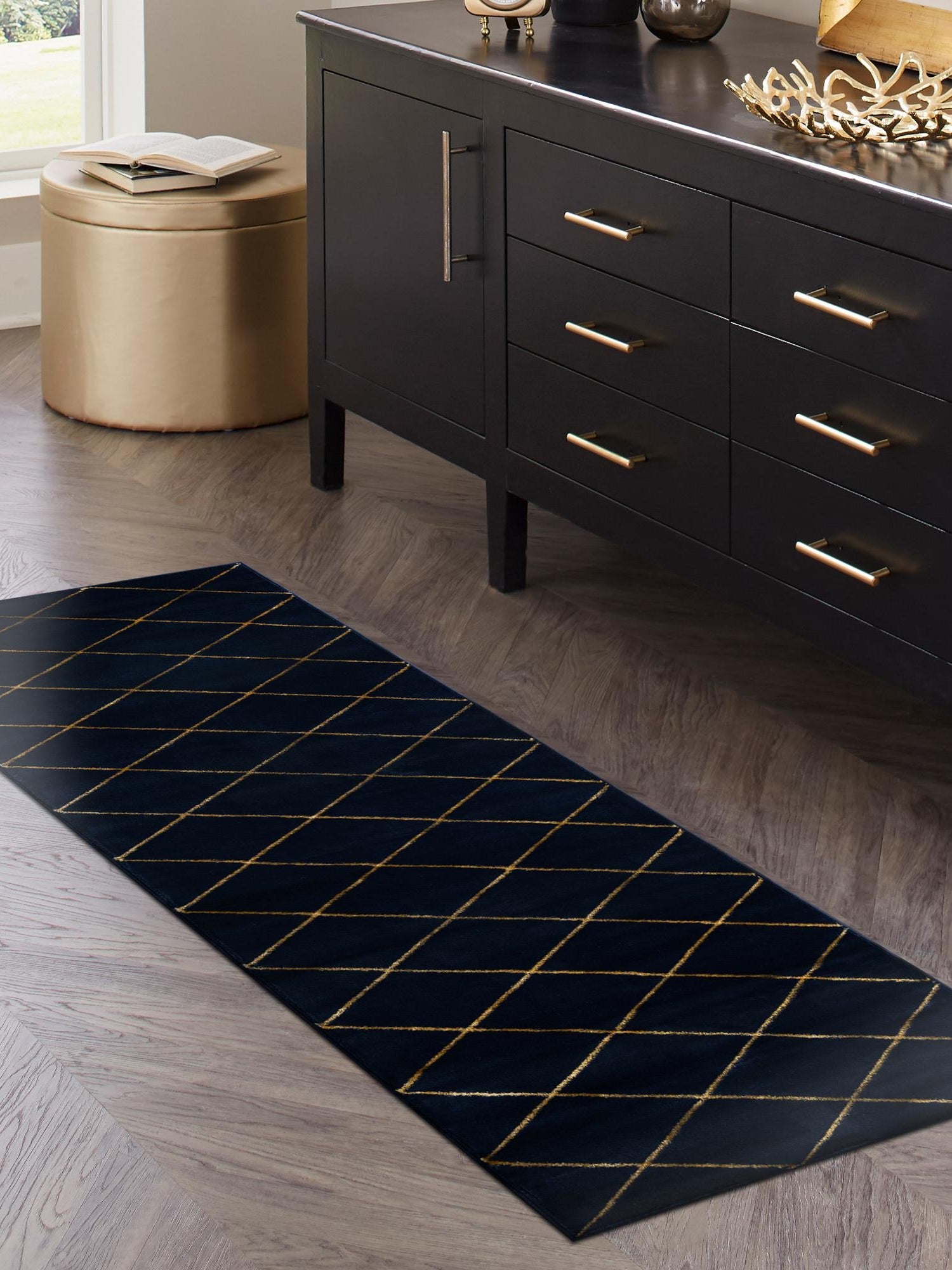 Navy Blue and Gold 2' x 6' 1 Vogue Geo Runner Area Rug Geometric Glam Style Shiny Accents Carpet Mat for Unique Interior Design & Home Decor for Sale at Rug Engine