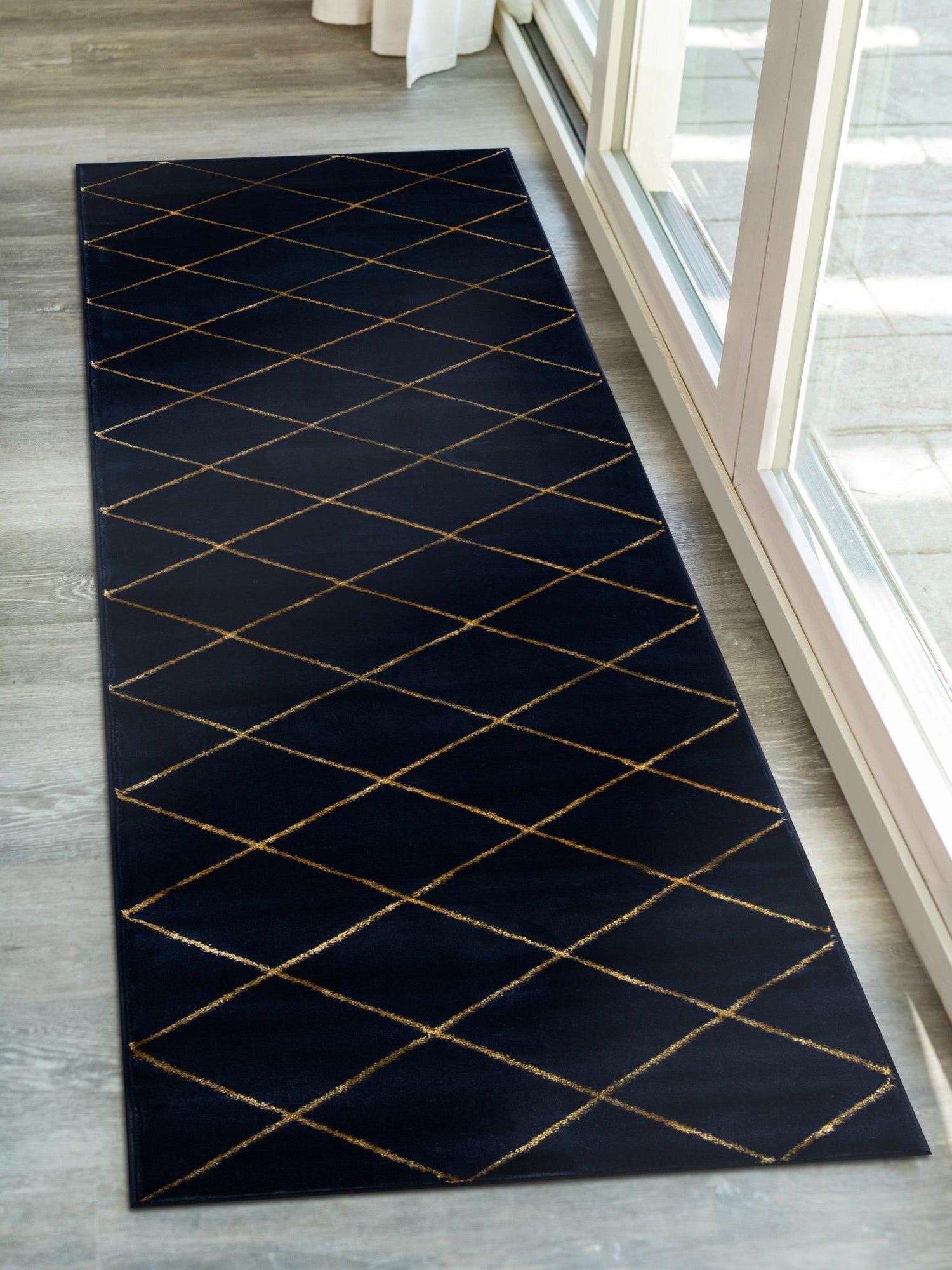 Navy Blue and Gold 2' x 6' 1 Vogue Geo Runner Area Rug Geometric Glam Style Shiny Accents Carpet Mat for Unique Interior Design & Home Decor for Sale at Rug Engine
