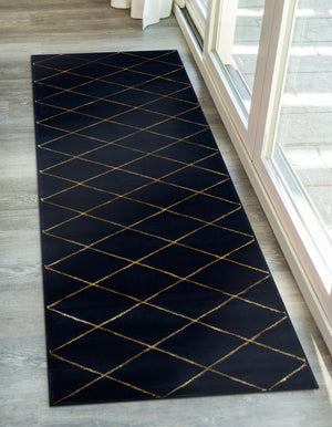Navy Blue and Gold 2' x 6' 1 Vogue Geo Runner Area Rug Geometric Glam Style Shiny Accents Carpet Mat for Unique Interior Design & Home Decor for Sale at Rug Engine